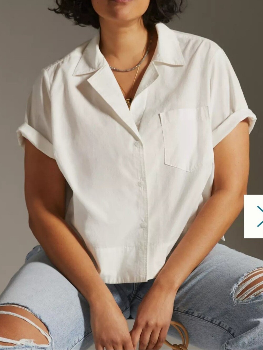 Maeve By Anthropologie White Short-Sleeve Button-Front Crop Shirt.  100% Cotton